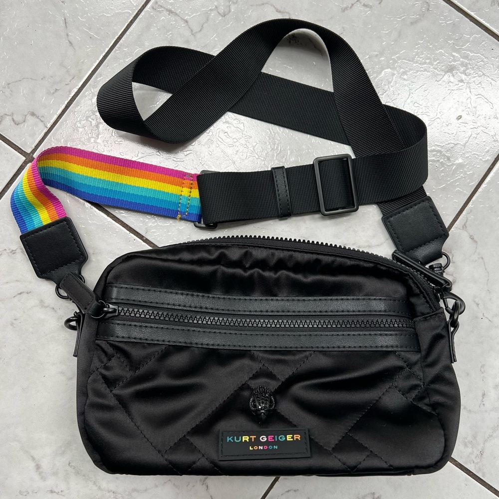 NWOT Kurt Geiger Quilted Crossbody Black/Rainbow Camera Bag Nylon